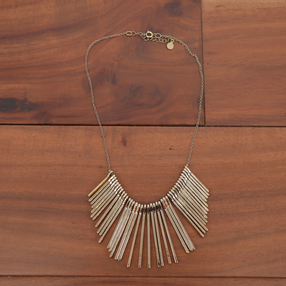 Gold Tone Fringe Bib Statement Necklace Geometric Sunburst Fan Bar Jewelry